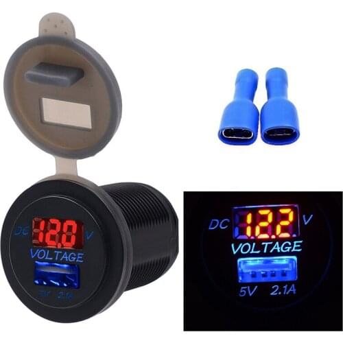 Car Motorcycle 12V Car Mobile Phone Charger Three-Color Digital Display Voltage Form Usb2.1a Car Two-in-One Voltmeter