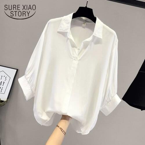 Casual Single Breasted Solid Loose Women Blouses and Tops Short Sleeve 2021 Summer Chiffon Turn Down-collar Women Shirts 14623