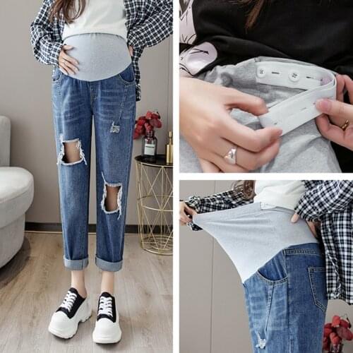 Pregnant womens harem pants Korean style ripped jeans high waist lift belly Harem carrot daddy pants fashion wild