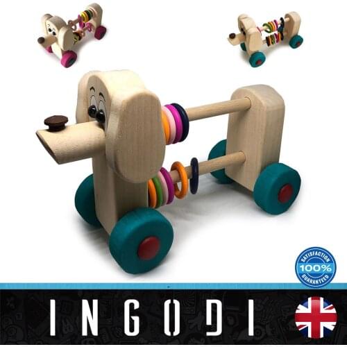 INGODI cute dog animal figure baby and toddler activity wooden toys with wheels