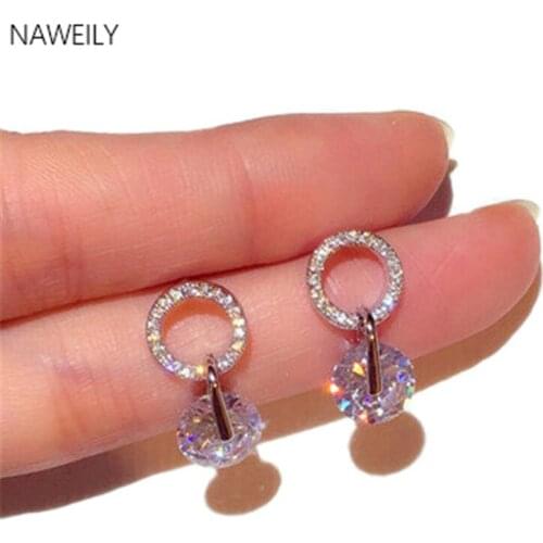 Elegant CZ Zircon Round Earrings For Women New Fashion Dangle Earring Statement Circle Rhinestone Silver Color Earrings
