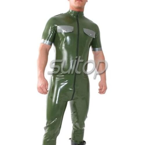 Suitop handmade latex uniform party catsuit policy out-fit with front zip through crotch