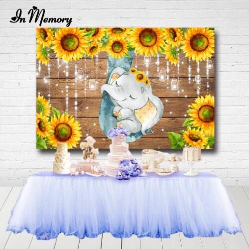 InMemory Yellow Sunflowers Elephant Baby Shower Photographic Backgrounds Wood Bokeh Light Kids Newborn Backdrop Custom