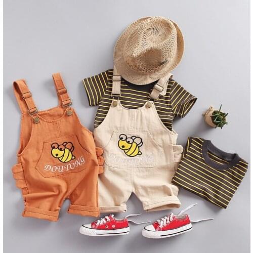 Summer Baby Girls Boys Clothing Sets Toddler Infant Clothes Suits Kids Stripe T Shirt Cartoon Bib Strap Shorts Children Suit Set