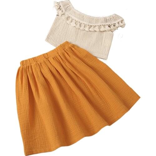 New Girls Clothing Set, Fringed Ruffle Grid Tops and Skirt Two-piece Suit for Vacation Birthday Party