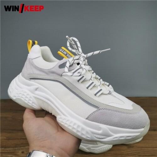 Spring Autumn Men Round Toe Sport Shoes Platform Lace-Up Breathable Solid Males Walking Running Trainers Jogging Sneakers White