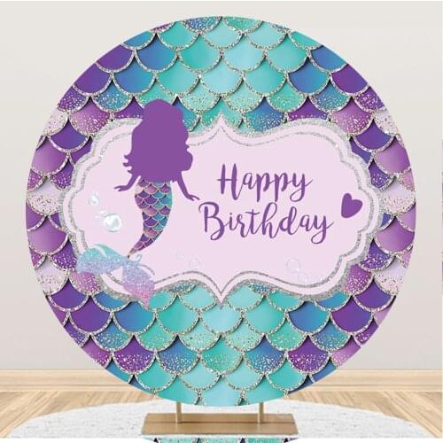Laeacco Mermaid Fish Round Background Fish Scales Coral Happy Birthday Circle Personalized Poster Baby Portrait Photo Backdrops