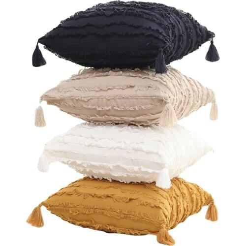 Bohemian Pure Color Pillow Case Cotton Linen Throw Cushion Cover Tassel Lace Modern Pillowcase for Seat Chair Home Decorative