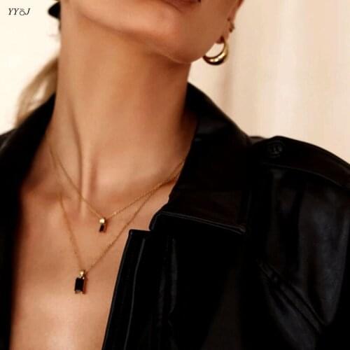 Black square zirconia double layered necklaces for women stainless steel gold rectangle stone pendant necklace dainty elegant
