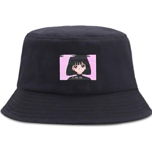 VAPORWAVE Cartoon Print Bucket Hat Unisex Outdoor Fisherman Cap Sunscreen Beach Fishing Caps Foldable Women Men Panama Hats