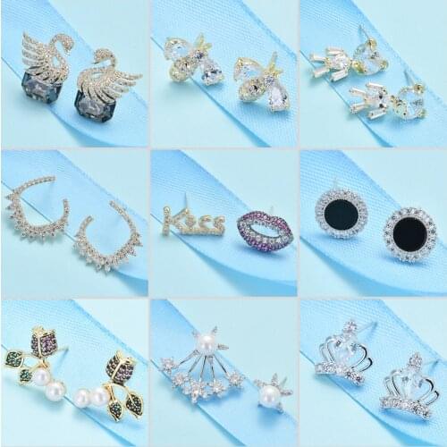 1Pair Simple Geometry Earrings for Women Luxury Zircon Pearl Cute Swan Bee Flower Crown Small Stud Earring Ear Piercing Jewelry