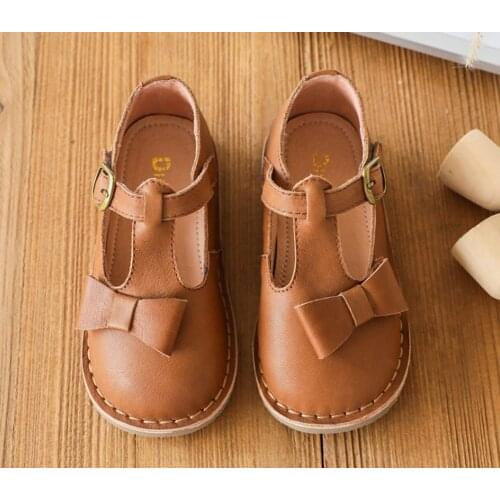 Girls Shoes T-Strap Genuine Leather Brown Red Bow Hand Sewing Chaussure Zapato Nina Kids Shoes Princess Formal Boutique New SQ