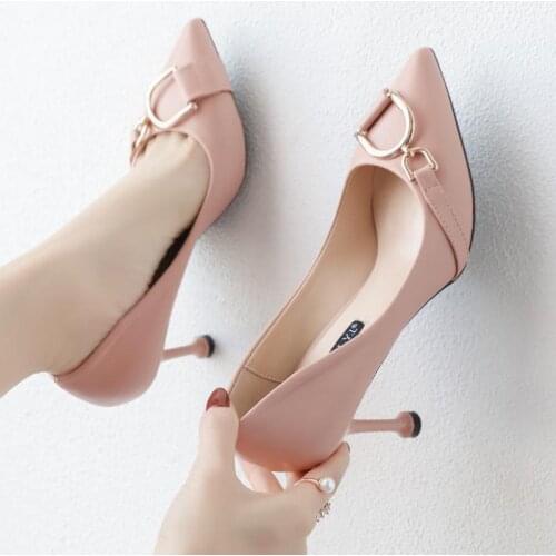 Hot Womens Shoes Fashion Metal Square Buckle Pointed Stiletto Heels Womens Super High Beauty Heels Ladies Pumps