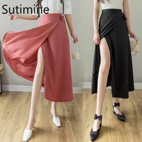 Sutimine Womens Summer Fashion Midi Length Skirt 2021 New Bandage High Waist Beach Skirt Long Wrap Sexy Split Skirt Elegant