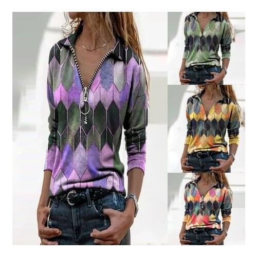 Fashion Geometric Print Blouse Shirt Loose Zipper Tops Tee Blouse Shirt Spring Autumn Casual Long Sleeve Pullover Tops Ladies