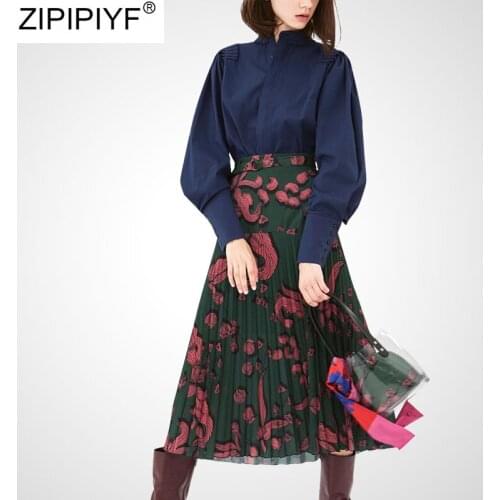 2020 Spring Summer Elegant Two Pieces Skirt Set Womens Long Sleeve O-Neck Blouses + Print Pleated Maxi Skirt Set