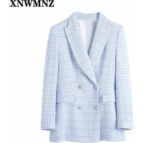 XNWMNZ New Women Stylish Blue textured check Blazer Female Turn-down Collar long Sleeve double-breasted pockets Coat Outerwear