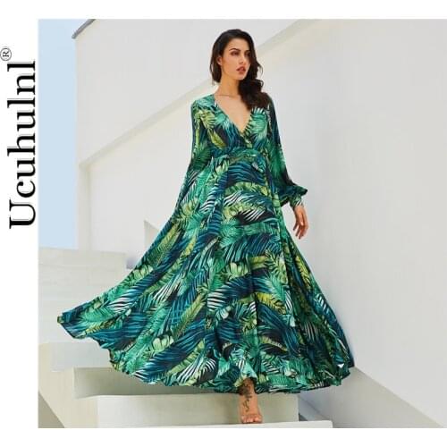 Women Long Sleeve Dress Green Tropical Beach Vintage Maxi Dresses Boho Casual V Neck Belt Lace Up Tunic Draped Plus Size Dress