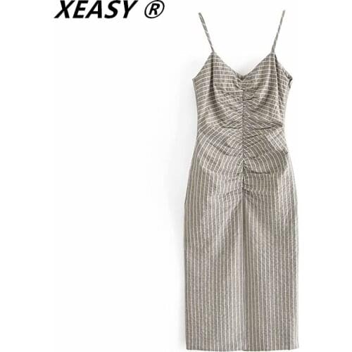 XEASY Za 2021 Woman Summer Dresses Striped Slip Long Dress Women Elegant Ruched Spaghetti Strap Midi Sexy Party Dresses