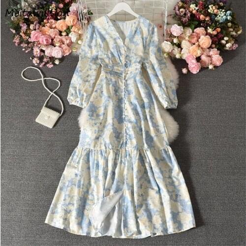 Women Chiffon Long Dress Korean High Waist V-Neck Long Sleeve Dress 2021 Elegant Print Party Dresses Vestidos