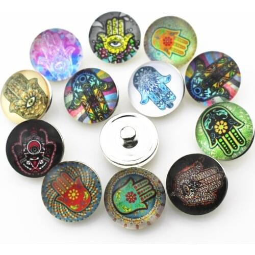 Hot selling 10pcs/lot HAND OF FATIMA 18mm Print Glass Snap Buttons Charms Fit DIY Snap Bracelets&Bangles Jewelry