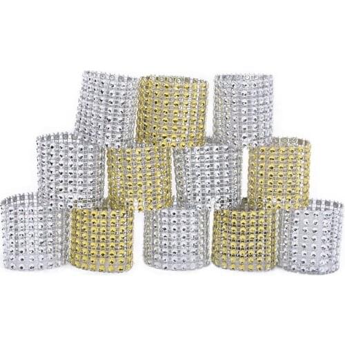 10pcs Gold Silver Napkin Rings DIY Craft Rhinestone Bows Holder Nylon Sticker Table Decoration Wedding Christmas Party Supplies