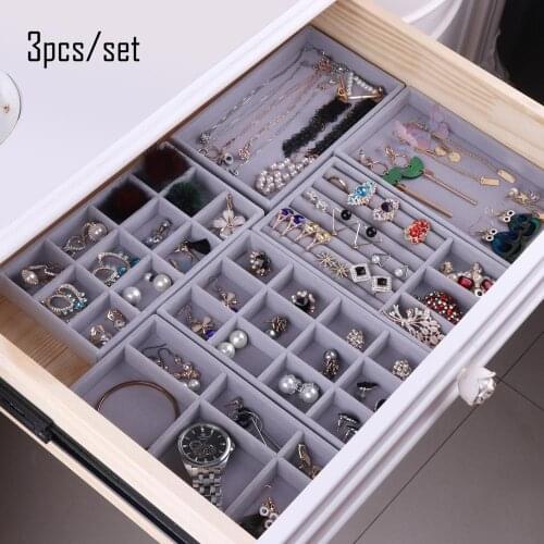 3pcs Velvet Jewelry Display Organizer Ring Case Tray Holder Necklace Earrings Bangle Storage Box Showcase Jewellery Stand Holder