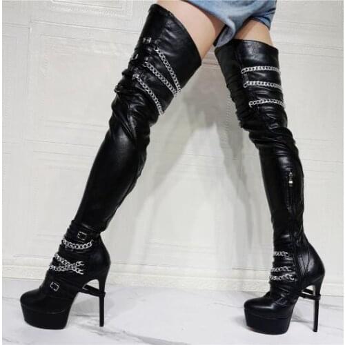 Black Red White Pink Leather Round Toe Platform Sliver Chain Over The Knee Boots Night Club Buckle Elastic Thigh Long Boots