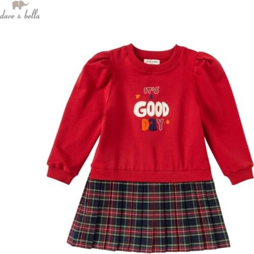 DKD18336 dave bella autumn girls fashion letter plaid print draped dress children sweet dress kids infant lolita clothes