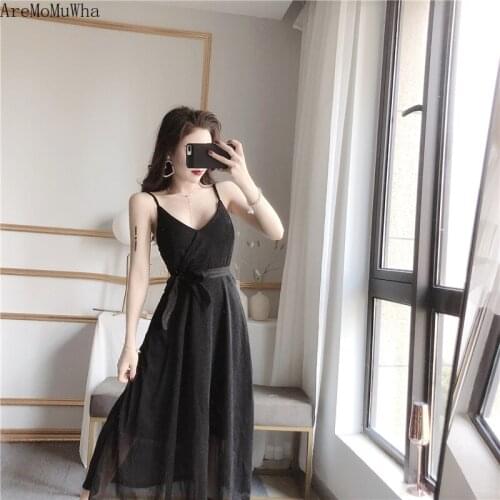 AreMoMuWha 2019 Summer New Fashion Temperament Sexy Ladies Bright Crystal Bright Silk Waist Belt V-neck Strap Elegant DressMH314