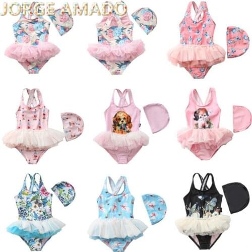 Ins Children Swimsuit Girl Cartoon Floral One Piece Cute Baby Swimwear Ballet Gauze Skirt Little Princess Swimsuit YBD001