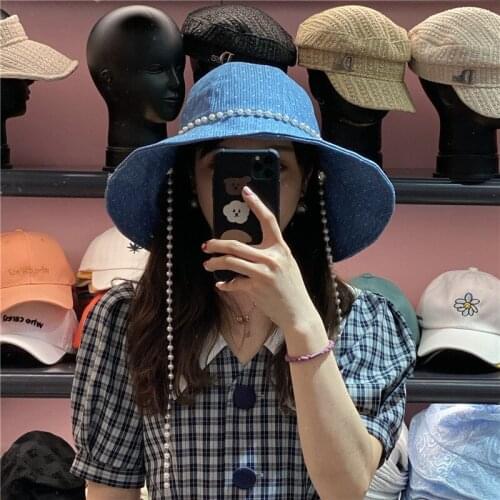 INS Hat Female Summer Big Brim Sunbonnet Korean Fashion Pearl Chain Denim Fisherman Cap Sun Protection Bucket Gorra