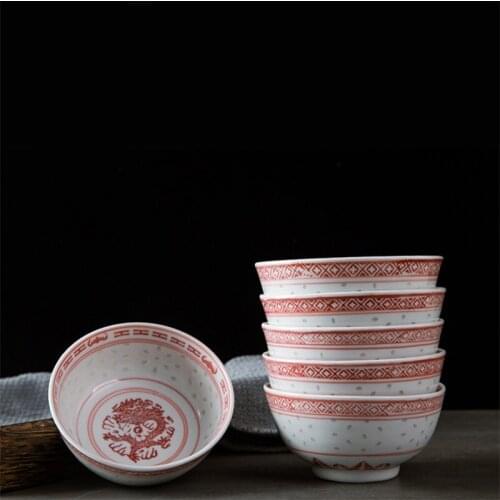 4.5 Inch Jingdezhen Ceramic Noodle Bowl Vintage Red Porcelain Soup Rice Bowls Under Glaze Dragon Dessert Bowl Kitchen Tableware