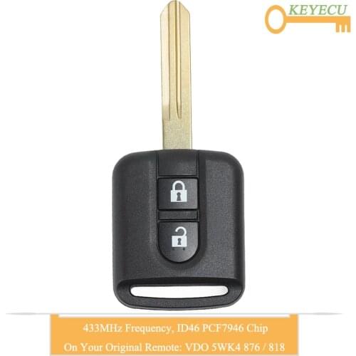 KEYECU Remote Control Car Key for Nissan Elgrand X-TRAIL Qashqai Navara Micra Note NV200, VDO 5WK4 876/ 818 - 2 Buttons - 433MHz