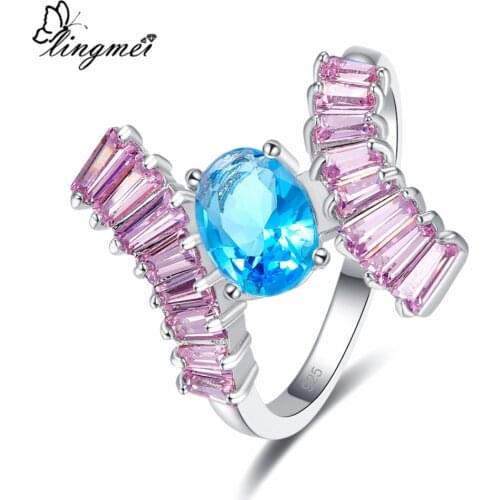 Lingmei Unique Cocktail Chic Style New Multi Pink Blue Zircon Silver Color JewelryRing Size 6-9 Wedding Rings For Women