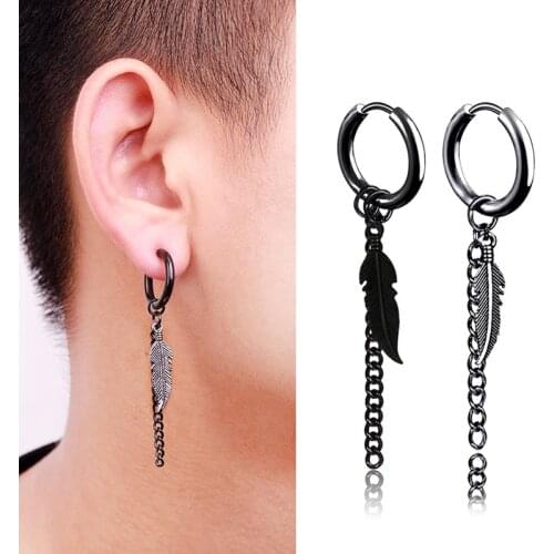 SOHOT New Unisex Vintage Black Feather Leaf Hoop Earrings Metal Stainless Steel Man Wholesale Punk Hip Hop Bar Party Chic Gift
