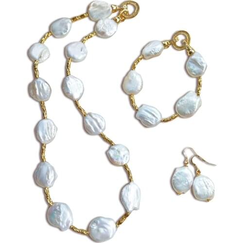 Natural 14-16MM white irregular Baroque pearl 20CM bracelet earring pendant necklace 50CM set