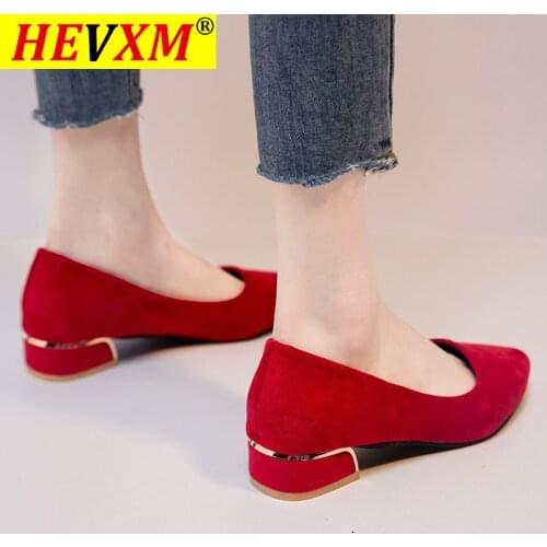 HEVXM 2021 New Women Simple Girls Red Black Pumps Ladies Flock Pointed Toe Med Square High Heels Casual Work Office Female Shoes