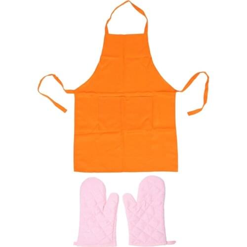 Plain Apron with Front Pocket Craft Baking Orange with 1 Pair Kitchen Craft Heat Resistant Cotton Oven Glove Pink