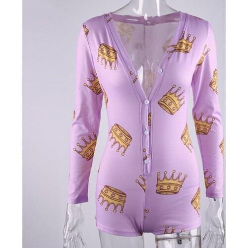 Crown Queen Pattern Sexy Women Onesies Pijamas S-3XL Size Ladies Long Sleeve Sleepwear Jumpsuit For Adults Lingerie Bodycon Set
