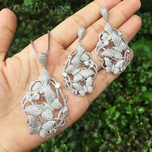 ModemAngel Luxury Floral Petals Luxury Betterfly Full Cubic Zircon Copper Wedding Engagement Earring Necklace Jewelry
