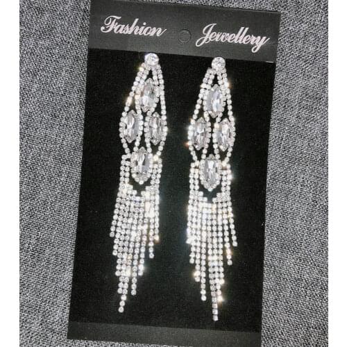 Silver Rhinestone Crystal Bridal Chandelier Long Tassels Dangle Earrings for Wedding Women Party Earring