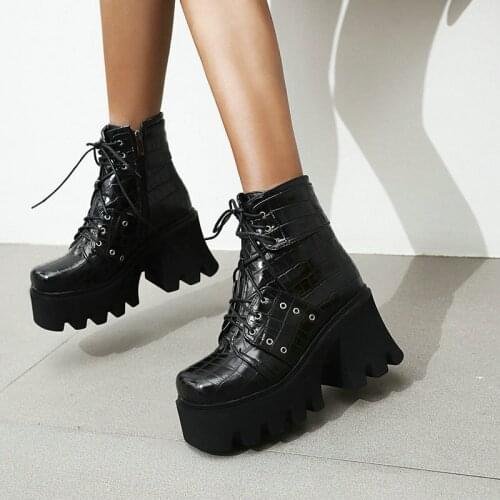 Ladies Fashion Stone Pattern Short Boots Black Cross Tied Zipper Rider Boots Platform Square High Heel Round Toe Womens Shoes