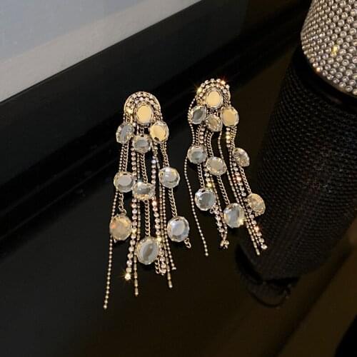 2021 Korean New Exquisite Crystal Long Tassel Earrings With Exaggerated Temperament Versatile Earrings Elegant Ladies' Jewelry