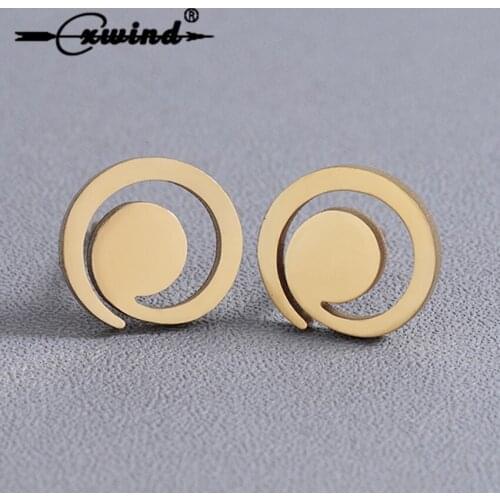 Cxwind Cute Gold Color Spiral Round Stud Earrings Stainless Steel Cut Swirl Earrings for Girl Women Unique Ear Piercing Jewelry