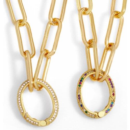 Inlaid CZ Colorful Zircon Necklaces Gothic Oval Hollow Chain Personality For Women Girl Neck Decoration Jewelry Gift
