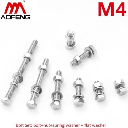 304 Stainless Steel M4 Hex Bolt Set M4 X 8 10 12 14 16 18 20 25 30 35 40 45 50 60mm Long Hexagon Bolt Set with Nut and Washers