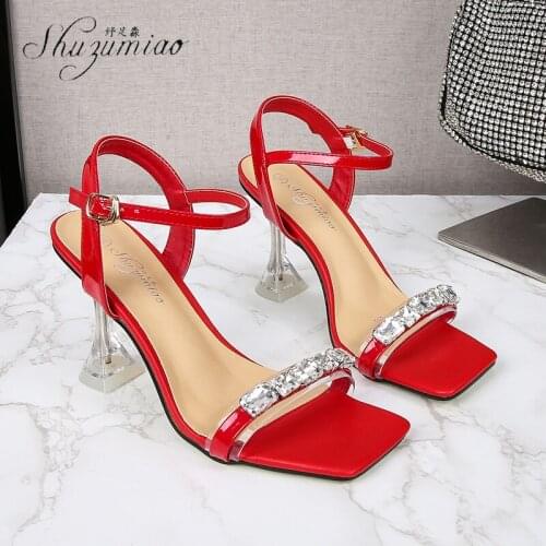 SHUZUMIAO Summer Women Elegant Crystal Wedding Party Shoes Sexy Thong Sandals Female Rhinestone Buckle Strap High Heels Sandals