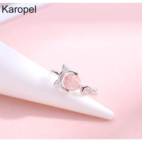 Karopel 925 Sterling Silver New Woman Fashion Jewelry High Quality Pink Agate Kitten Simple Ring Size Adjustable Ring