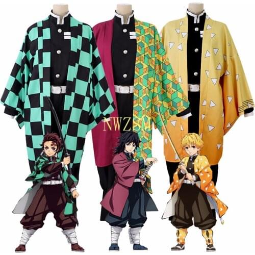 Demon Slayer Kimetsu no Yaiba Cosplay Costume Wigs Kamado Tanjirou Agatsuma Zenitsu Giyuu Tomioka Full Set Japanese Kimono Hair